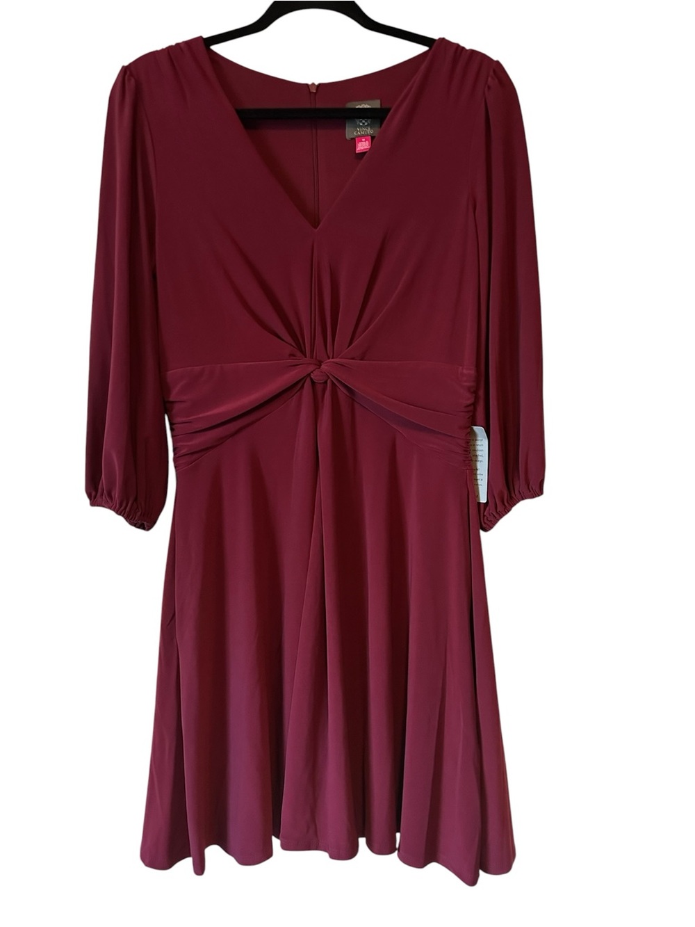 Vince Camuto Burgandy Twist Knot V Neck 3/4 Sleeve MIDI Dress Size 10